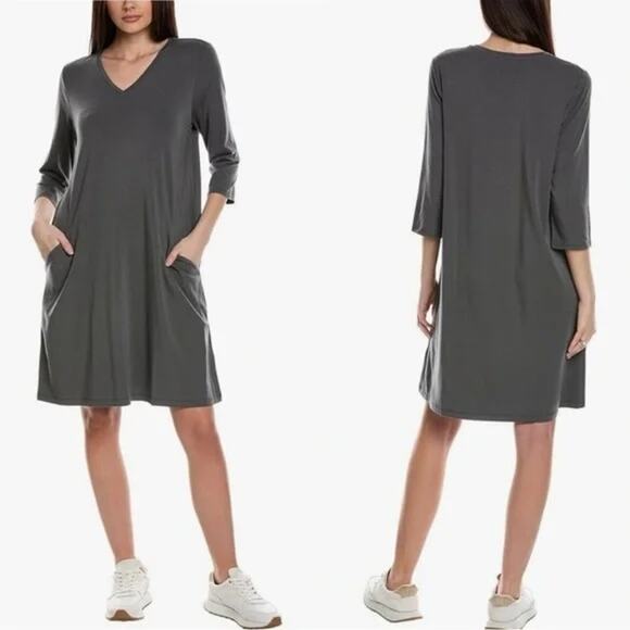 Eileen Fisher V-Neck A-Line Dress Size XL Gray Elevated Casual Jersey Shift - Picture 1 of 12